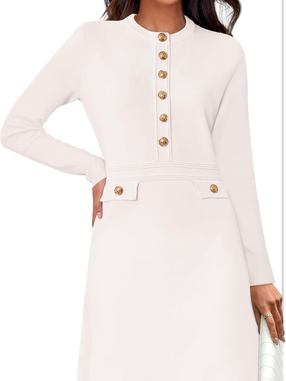 NWT Elegant Cream Long-Sleeve Knit Dress with Gold Buttons